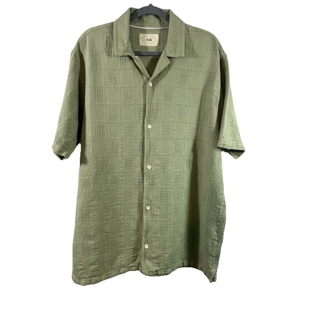 Folk Clothing Shirt XL Sage Green Waffle Grid Pattern Camp Collar Minimalist Lux